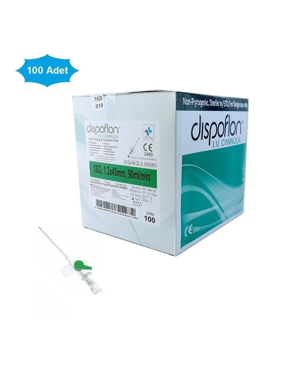 Dispoflon İntraket IV Kanül 18G (1.3x45 mm) Yeşil 100'lü Paket Dispoflon İntraket IV Kanül 18G (1.3x45 mm) Yeşil 100'lü Paket